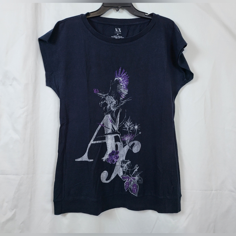 Armani Exchange Womens Navy Purple Sequin Scoop Neck Dolman Short Sleeve Top XL‎